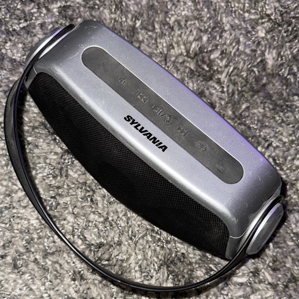 Silver and Black Portable Bluetooth Speaker with Sleek Design
